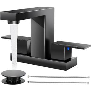 Cobbe Bathroom Faucets for Sink 3 Hole, Matte Black Bathroom Sink Faucet Square 4 Inch Centerset with Pop-Up Drain, 2 Handle and 2 Supply Hoses, Lead-Free Stainless Steel for Vanity, Rv, Farmhouse