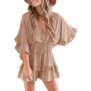 Valphsio Womens V Neck Beach Romper Ruffle Layered Drawstring Waisted Shorts Jumpsuit Medium