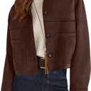 Women's Casual Faux Suede Cropped Jacket Button Down Coat Outwear with Pockets, L