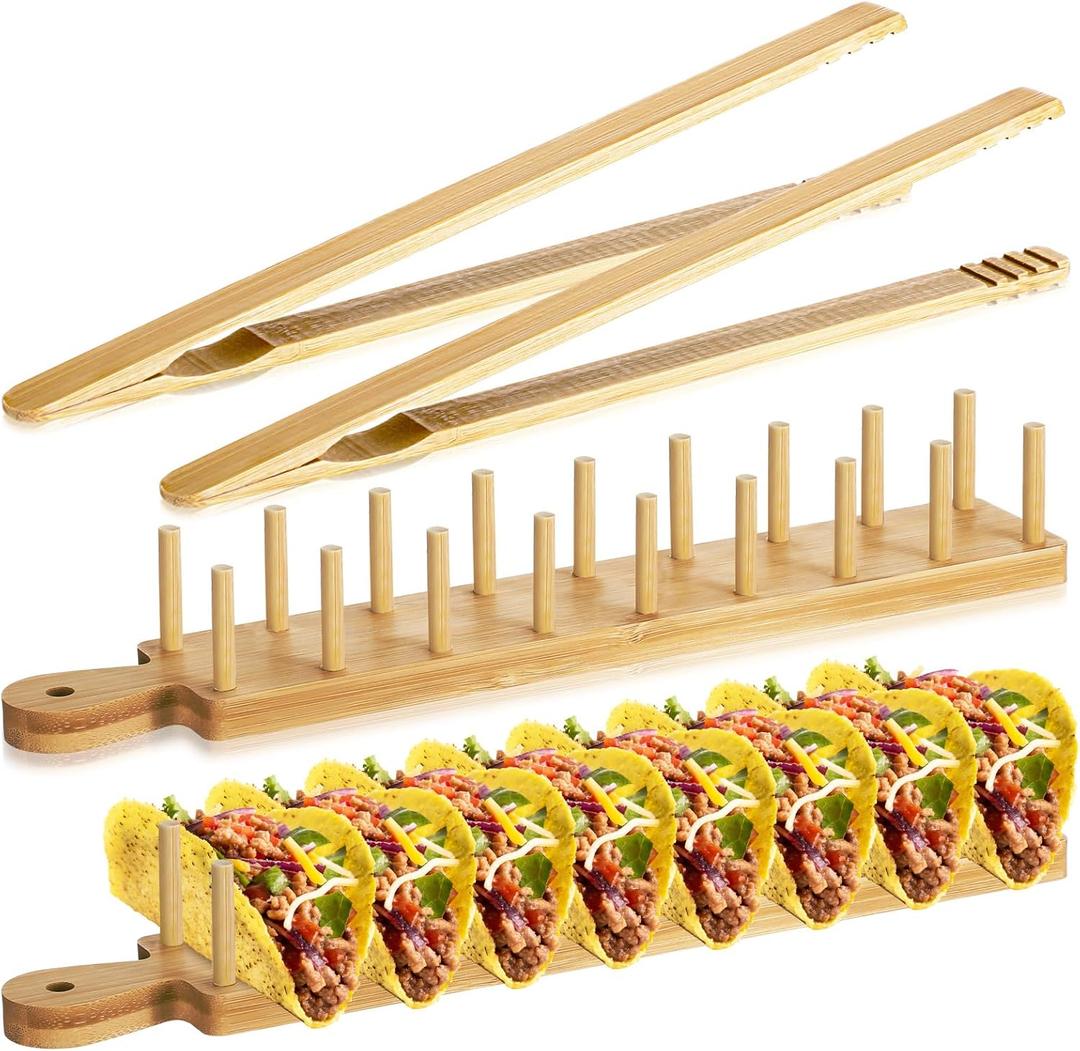 Kigley Wood Taco Holder Set of 4 Bamboo Mini Taco Tray with Tong Stand with Handle Wooden Rack, Each Holds 8 Soft or Hard Shell for Charcuterie Food Kitchen Gifts Accessories Home