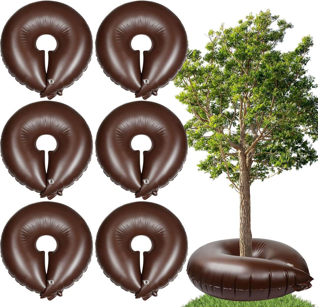 Roshtia 6 Pack 15 Gallon Tree Watering Ring Bag Slow Release Reusable Tree Bag Bulk Heavy Duty Automatic Drip Irrigation Ring PVC Root Water System for Garden Newly Planted (Brown)