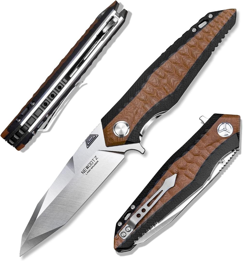 folding pocket knife for men4in d2 tool steel blade,liner lock layers g10 handle,outdoor survival edc tool camping hunting knives with clip (brown)