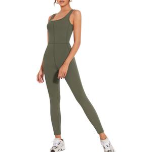 Annebouti Adjustable Spaghetti Strap Jumpsuits for Women One Piece Full Length Rompers Square Neck Workout Bodysuit (Medium, Style-2 Army Green)