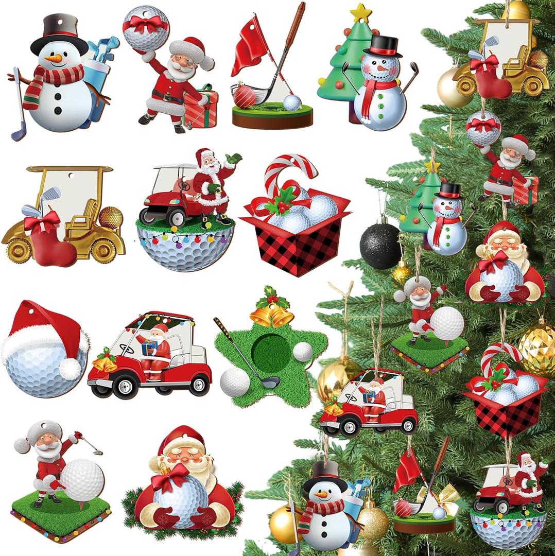 Vinsot 36 Pcs Golf Christmas Ornaments Santa Claus Snowman Wood Winter Decorative Hanging Ornaments Golf Cart Christmas Decorations for Xmas Tree Golfer Gifts Window Home Kitchen Party Decor