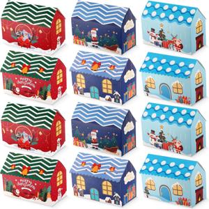 12 Packs Christmas Gift Boxes Christmas Candy&Cookie Boxes, Christmas Pattern Gift Wrap Bags ,Candy boxes for Gift Giving ,House Shaped Christmas Gift Boxes for Holiday Party,Christmas (Three Fresh