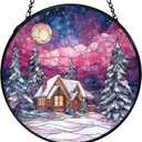 Winter Scene Christmas Suncatchers Stained Glass Window Hanging, Farmhouse Winter Landscape Sun Catchers Indoor Window Glass Round Wall Decor, Christmas Wall Hanging Decorations, 7.9x7.9in