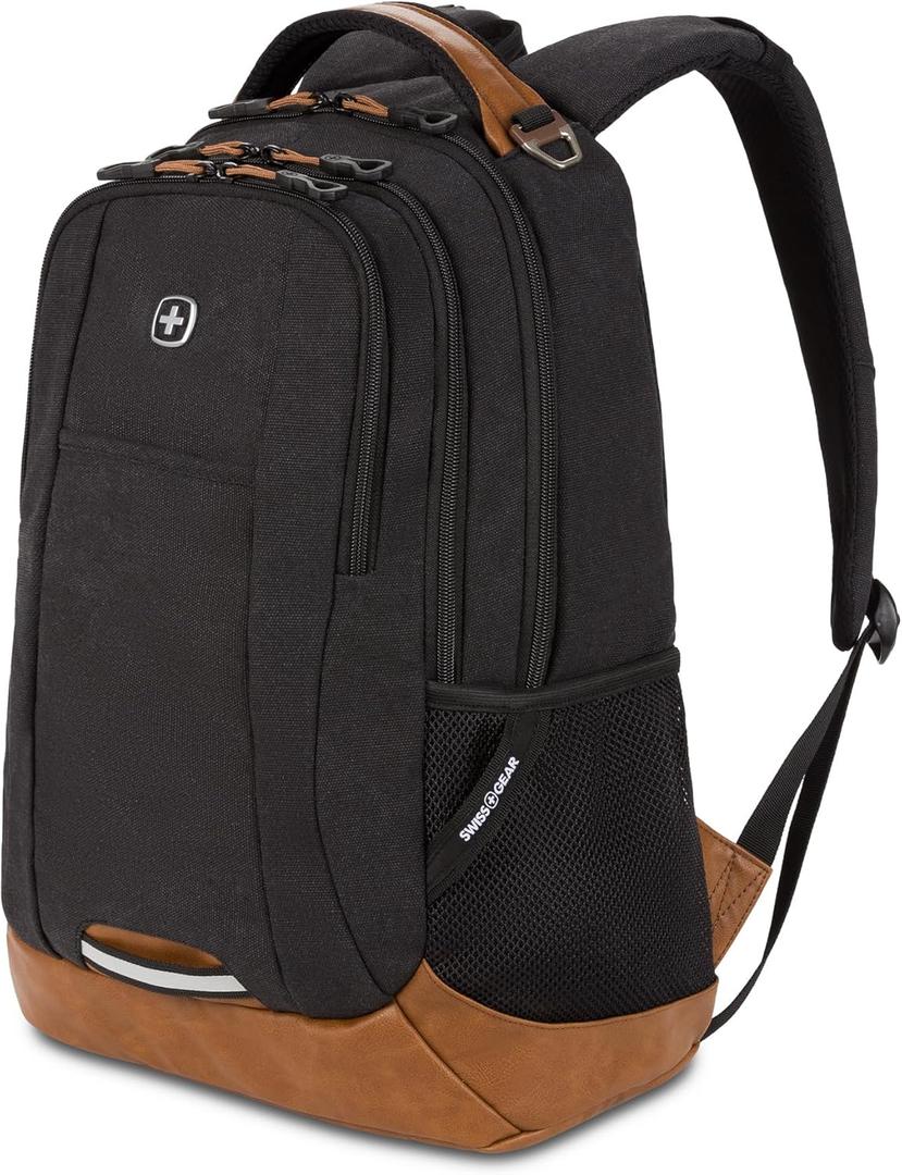 SwissGear 5505 Cecil 16 Laptop Backpack Black Canvas/Brown  Daily Laptop Bag with Gear Attachment Options  Multiple Organizer Pockets & Padded Shoulder Straps (18-Inch)