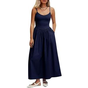 Mieazom Women’s Sleeveless V-Neck Maxi Dress with Pockets – Slim Fit Casual Summer Spaghetti Strap Dress for Vacation Blue L