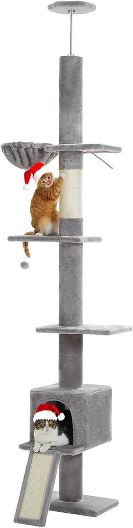 PEQULTI Cat Tree Floor to Ceiling, Tall Cat Tower, Adjustable Height (83''-108'') 5 Tiers Climbing Tree for Indoor Cats with Cat Condo, Scratching Post and Ladder, Grey
