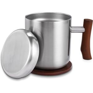 14oz Stainless Steel Insulated Coffee Mug with Wooden Handle & Coaster Set – Double Wall Thermal Cup for Coffee, Tea, Hot & Cold Drinks, Perfect for Home, Office and Travel (14oz-Silver)