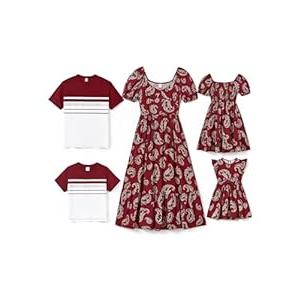 PATPAT Family Matching Outfits for Women: Mommy and Me Matching Shirts Dresses Boho Paisley Print Outfits Coordinated Family Matching Dresses for Vacation- Burgundy Women S