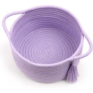 Small Purple Basket, Cute Woven Gift baskets Empty with Cellophane Wrap set for Girl, Decorative Cotton Rope violet Container Bin, Little Makeup Holder for Bathroom, Vanity, Cosmetics lavender
