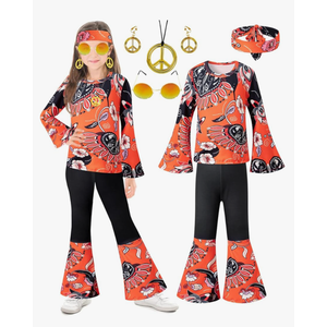 60s 70s Outfits Hippie Kid Girls Costume Set Disco Boho Flared Pants Accessories Set, 7-8Y