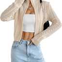 MakeMeChic Women's Cropped Cardigan Sweaters Fall Long Sleeve Y2K Zipper Cable Knit Jacket (Medium, Apricot)