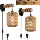 Rattan Plug in Wall Sconce Bedroom Sconces Set of 2 Boho Dimmable Wall Lamp with Plug in Cord Hanging Wall Lights for Living Room