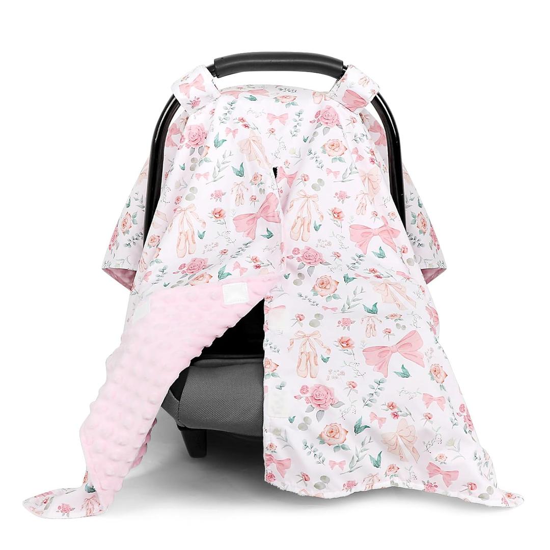 Baby Car Seat Cover, Soft Minky Warm Winter Car Seat Canopy for Infants & Toddlers, Opening with Adjustable Strap, Breathable Nursing Cover & Stroller Blanket, Pink Flowers (Fits Most Car Seats)