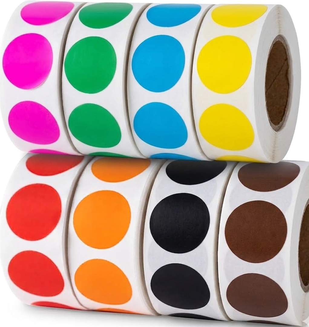 Perco Fluorescent  1-Inch Round Circle Dot Sticker Labels - Multi-Roll Pack (4 Rolls, 1,000 Labels Each) - Permanent Adhesive, Vibrant Colors, Strong Hold - Perforated for Easy Use - Made in USA