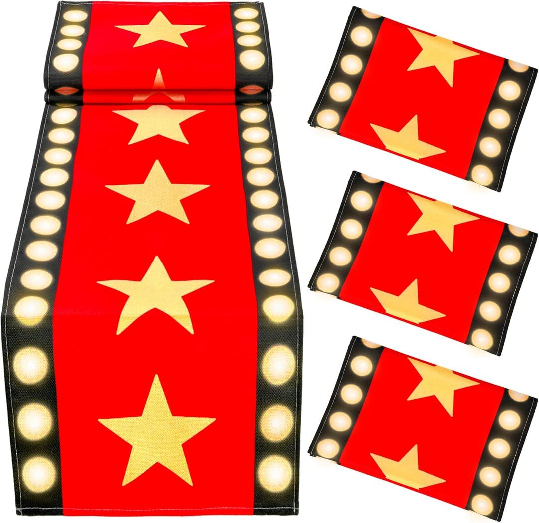 4 Pcs 13 x 72 Inch Movie Night Table Runner with Gold Star Design - Red Carpet Decoration for Birthday Party Supplies（Red）