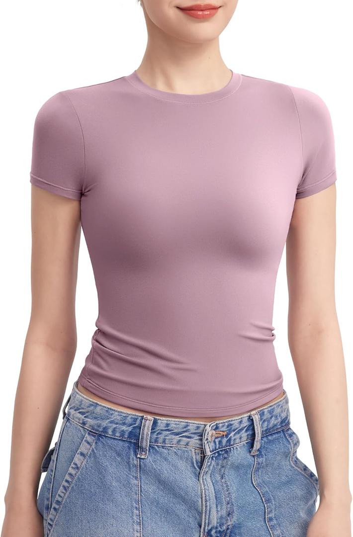 PUMIEY Women's Crew Neck Short Sleeve Tops Double Lined Slim Fit T Shirts Basic Tee Smoke Cloud Pro Collection (Small, Mauve)