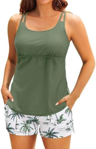 Tempt Me Two Piece Tankini Swimsuits for Women Tummy Control Bathing Suit with Shorts Athletic Two Side Pockets Swimwear M