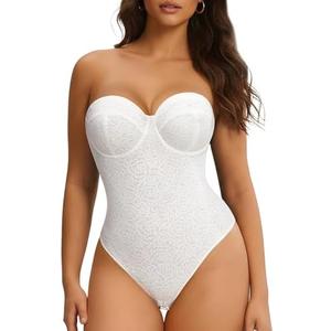Nebility Strapless Shapewear Bodysuit for Women - Thong Body Suits Tummy Control Body Shaper Underwire Lace Corset Tube Top L