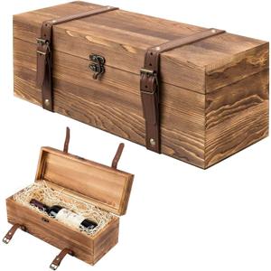MyGift Wooden Wine Gift Box, Whiskey Box with Locking Latch & Leather Straps, for Christmas, Wedding Champagne, Beer,Vintage Rustic Brown, 14x5x5 Inches
