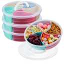 Mifoci 4 Pack Snack Tray with Lid and Handle Plastic Divided Serving Tray 5 Compartment Veggie Dried Fruit Snack Handheld Tray Platter Sealed Box Container for Home Party(Light Colors)