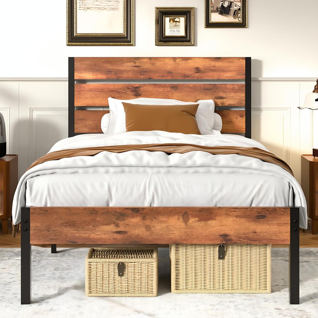 VECELO Full Size Bed Frame - Heavy-Duty Metal Platform with Wood Headboard, No Box Spring Needed, Antique Brown