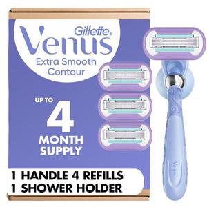 Gillette Venus Extra Smooth Contour Razor for Women, Includes 1 Reusable Razor Handle + 4 Count 5-Bladed Razor Refills, Women's Razor with Flexiball Pivoting Handle and Shower Holder
