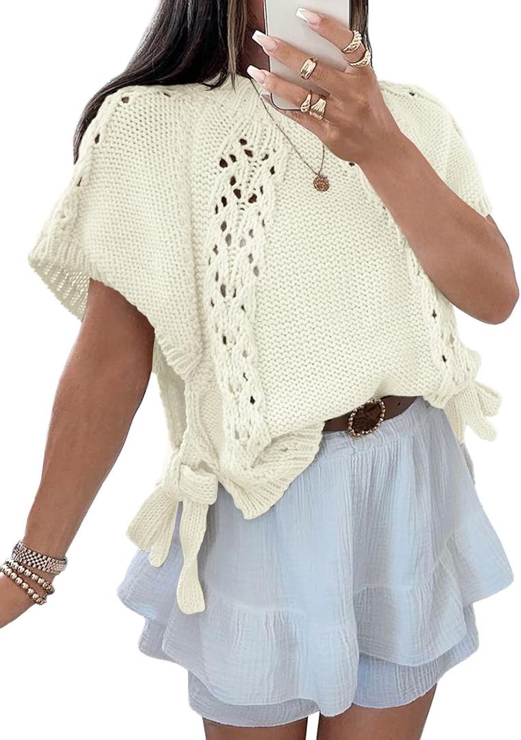 Saodimallsu Womens Summer Crochet Sweaters Batwing Cap Sleeve Cable Knit Crewneck Side Tie Casual Pullover Tops (X-Large, White)
