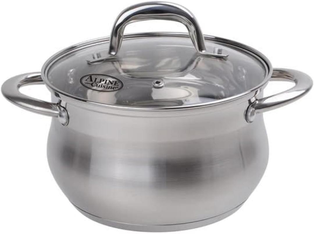 Alpine Cuisine Stainless Steel Dutch Oven Belly Shape 4 Quart - Heavy Duty Pot with Tempered Glass Lid,Comfortable Handles, Dishwasher Safe & Easy to Clean
