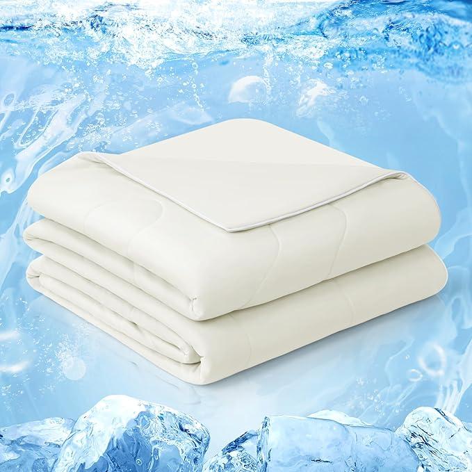 EASELAND Cooling Comforter Queen, Cold Touch Fabric Absorbs Body Heat, DoubleSided Cool Design Soft Fluffy Cooling Blanket for Night Sweats Hot Sleeper(Beige, Queen(90"x90"))