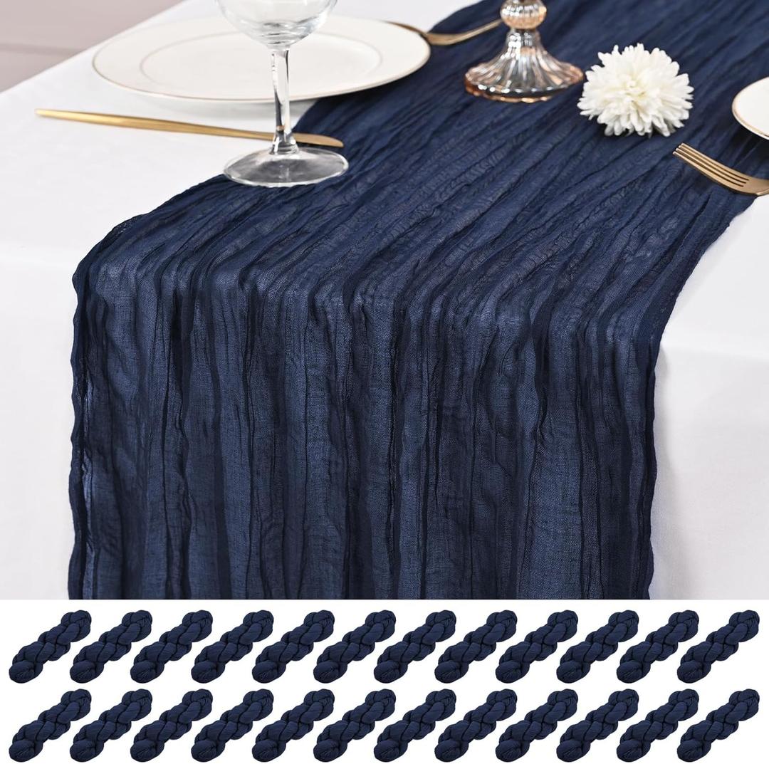 24 Pack Navy Blue Table Runners 10Ft Cheesecloth Table Runner Rustic Gauze Table Runner Romantic Long Sheer Fabric Cheese Cloth Table Runner for Wedding Party Bridal Baby Shower (24 Pack 10Ft)
