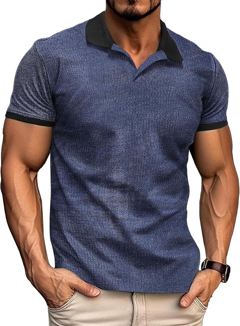 Mens Muscle Polo Shirts V Neck Slim Fit Short Sleeve Golf T-Shirts Contrast Collar Ribbed Knit Cotton Tee Shirt (XXL)