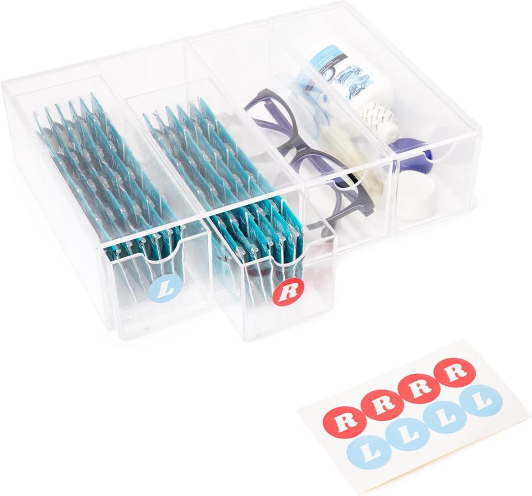 Daily Contact Lens Organizer Dispenser with R & L Labels  4-Drawer Contact Lens Holder Storage  Multifunctional Clear Box Case for Color Contact Lenses, Glasses, Makeup, & More
