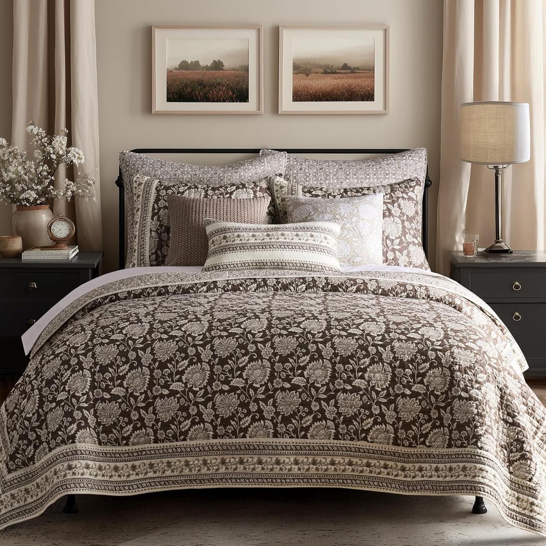 Levtex Home Adare Cocoa Reversible Full/Queen Quilt Set (88x92in) and 2 Pillow Shams (26x20in) - Floral Bedding - Brown Cream - Cotton Full/Queen Size Quilt Bedding Set - Lightweight, Soft, Pre-Washed