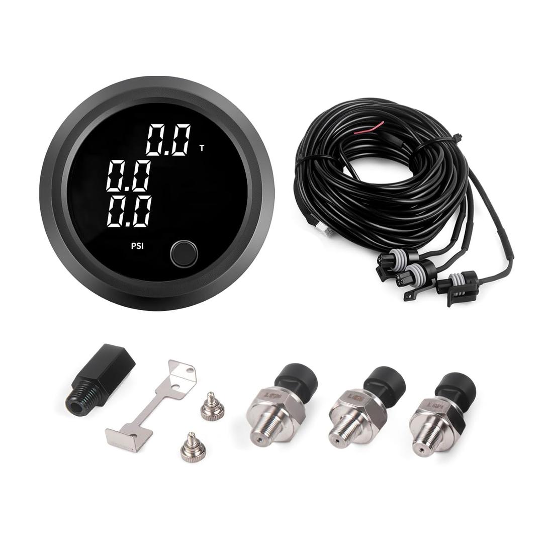 Air Bag Pressure Gauge Three Digital Display 0-232PSI (16BAR) for Air Ride Suspension System with 3PCS 1/8NPT Electrical Sensors with 1/8NPT to 1/4NPT Fitting 2-1/16" (52mm) White LED