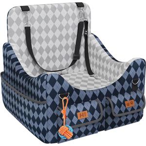 Dog Car Seat for Small/Medium Dogs up to 35lbs, 4-Pocket Storage Memory Foam Dog Booster Seat, Detachable Washable Pet Car Seat with Safety Belt, Outdoor & Indoor Use (Blue/Grey)
