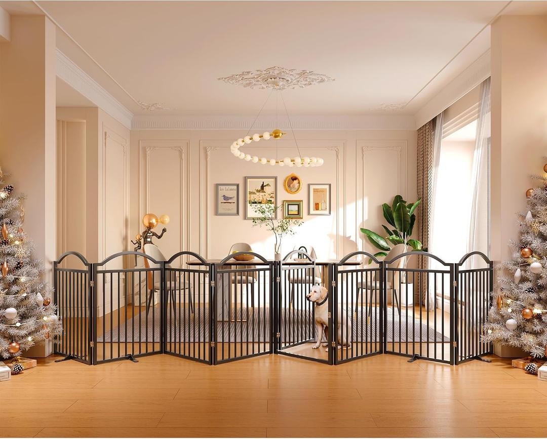 BHG Metal No-Assembly Freestanding Dog Gate with Door Walk Through, Extra Wide 196", Extra Tall 32" Pet Gate, Accordion Puppy Folding Playpen Dog Fence for Indoor & Outdoor, with 2PCS Support