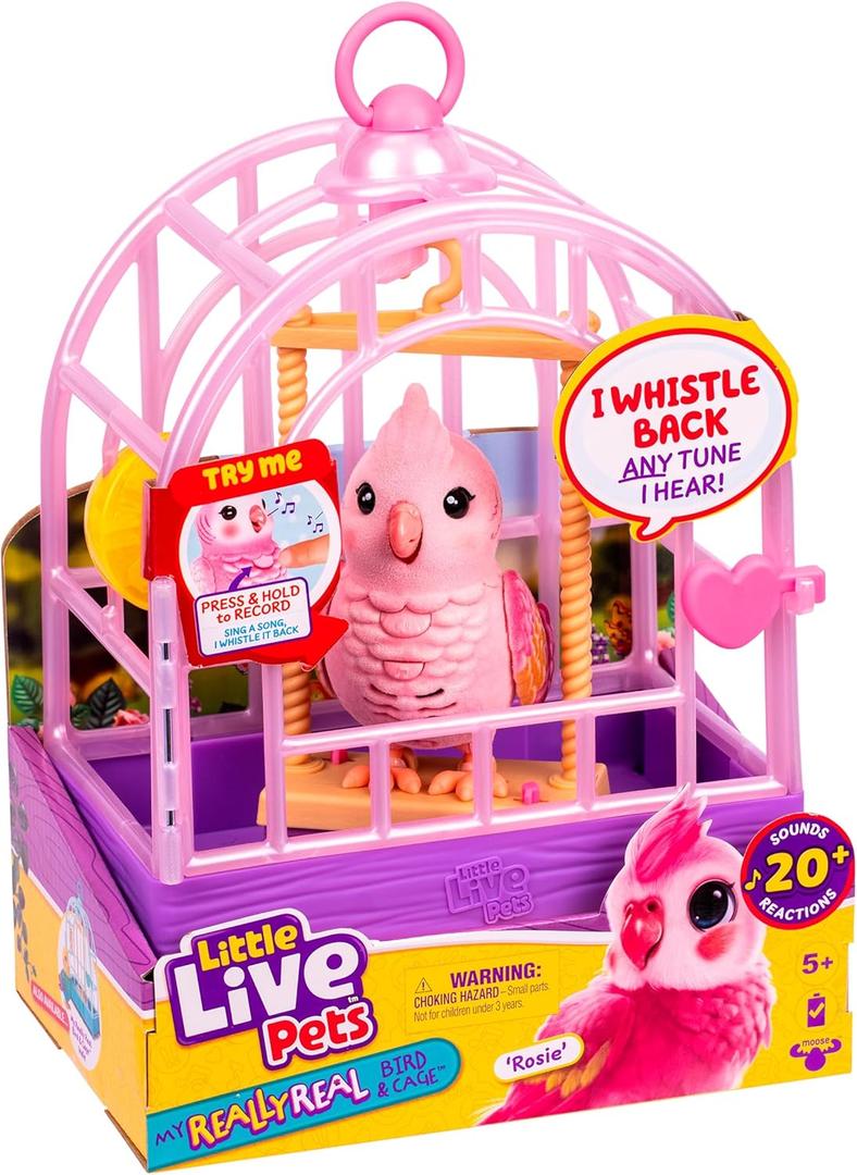 Little Live Pets My Really Real Talking Bird Toy & Cage - Rosie, Interactive Voice Repeating Toy, 20+ Sounds & Reactions, Talking Toys for Kids 5-7