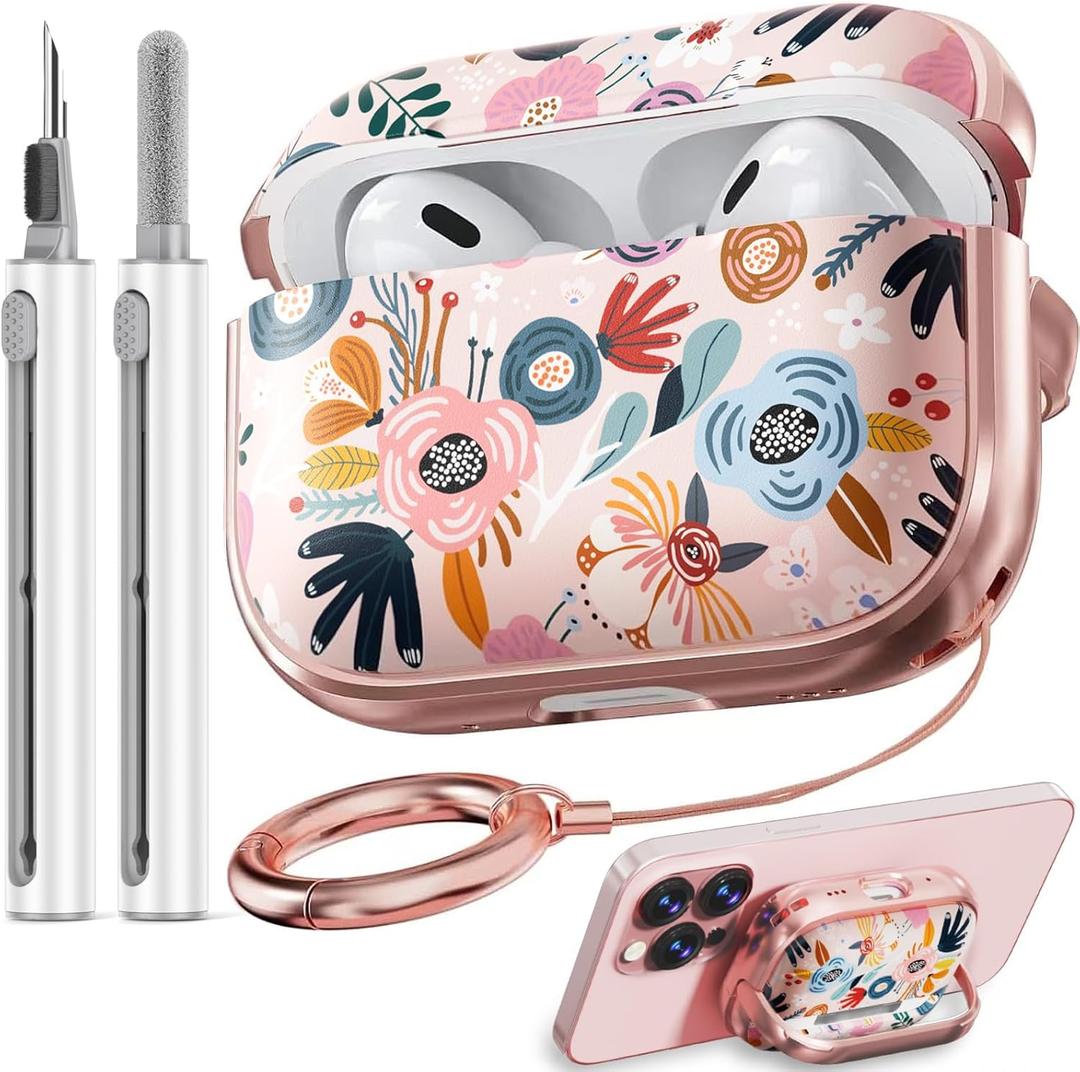 with Lock for Airpods Pro 2nd/1st Generation Case Cover, Flowers Cute AirPod Pro 2 Case Hard iPod Pro Cases for Women Girls with Cleaner Kit for AirPod Pro Cases (2023 USB-C /2022/2019) - Pink (Pink Flowers)