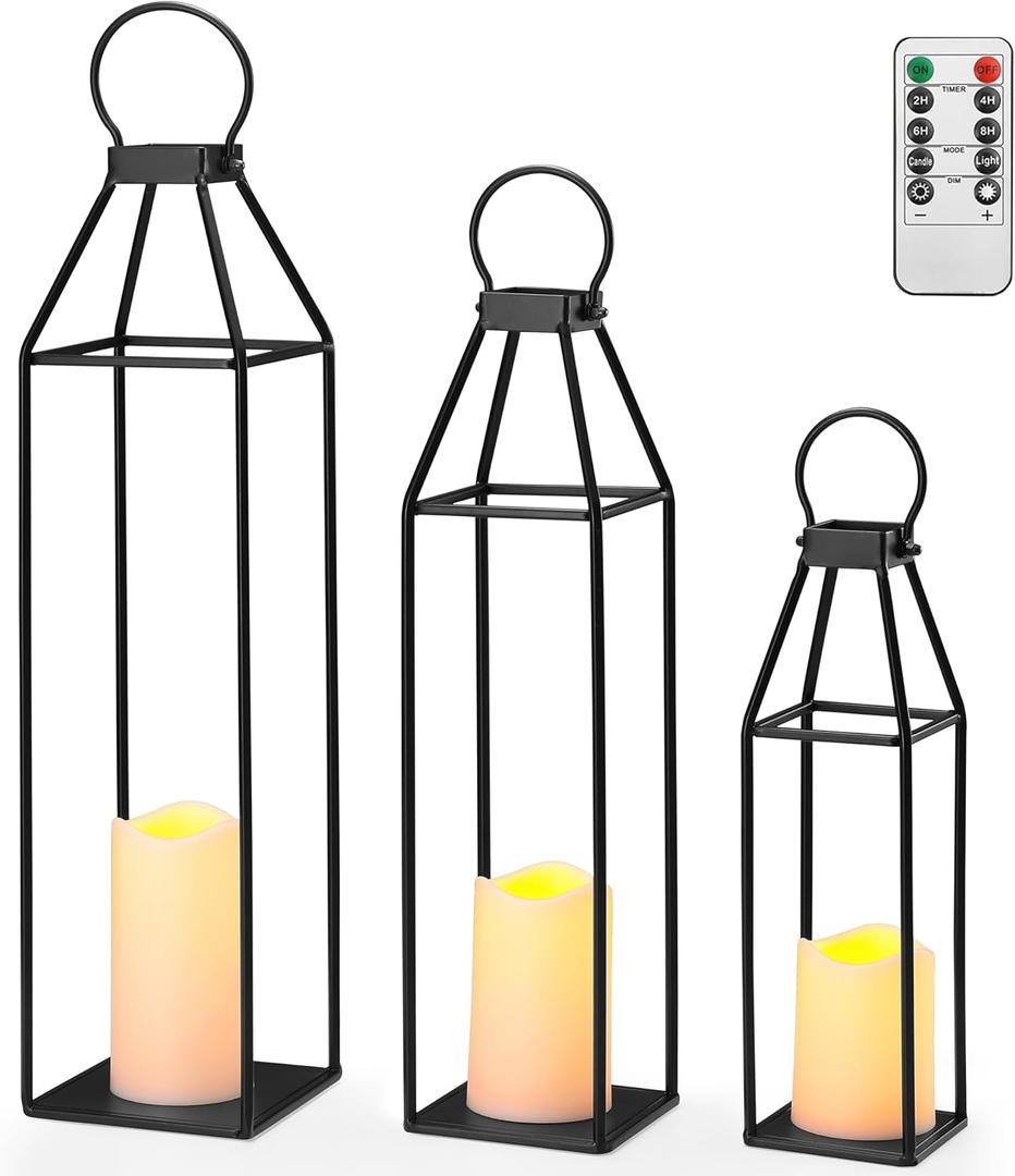 Perfnique Set of 3 Black Metal Lanterns w/ Waterproof Flickering Flameless Candle & Remote Timer, Modern Farmhouse Lanterns Decorative for Outdoor, Front Porch, Indoor, Patio, Garden, Fireplace