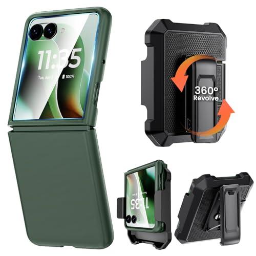 Caka for Motorola Moto Razr+ (Plus) & Razr Ultra 2025 Case with Clip & Screen Protector, Slim Thin Flip Phone Cover and Belt Hip Holster Combo Accessories for Razr 60 Pro & 60 Ultra - Green