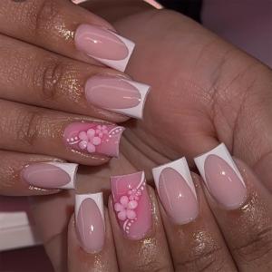 9 x yefiuo Valentines Press on Nails Short Square Nail Tips Hot Pink French Acrylic Fake Nails Press ons with Bow Rhinestones Charms Design Glue on Nails Full Cover False Nails Art Kit for Women 24 Pcs, Mix