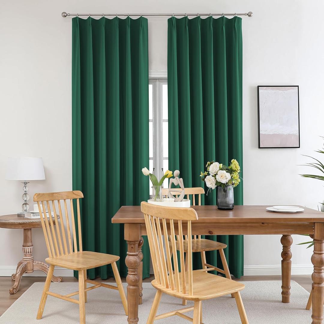 DECOVSUN Pinch Pleated Green Curtains 108 Inch Long,Room Darkening Black Out Memory Shaped Pinch Pleat Drapes for Living Room 2 Panels Set,Green 42X108 Inch