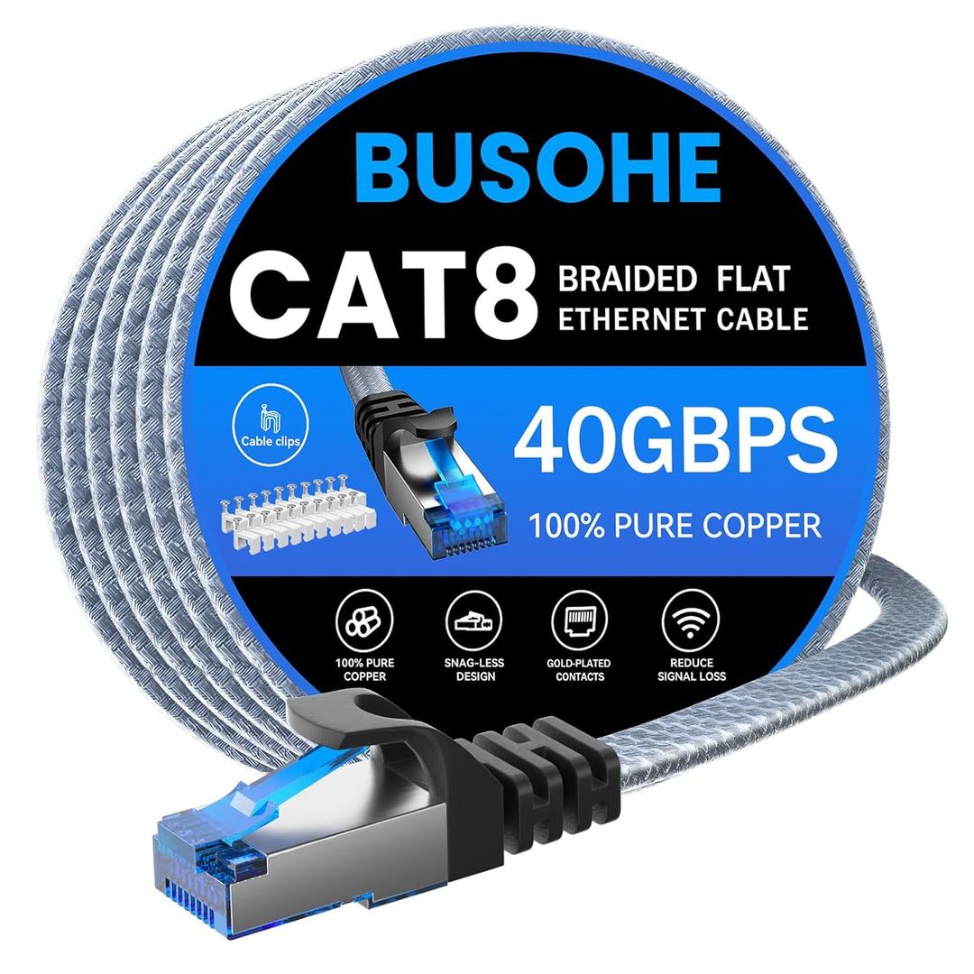 BUSOHE Cat 8 Ethernet Cable 50 ft, Nylon Braided High Speed Heavy Duty Network LAN Patch Cord, 40Gbps 2000Mhz SFTP Shielded RJ45 Flat Internet Cable for TV/PC/Router, in Wall, Indoor, Outdoor