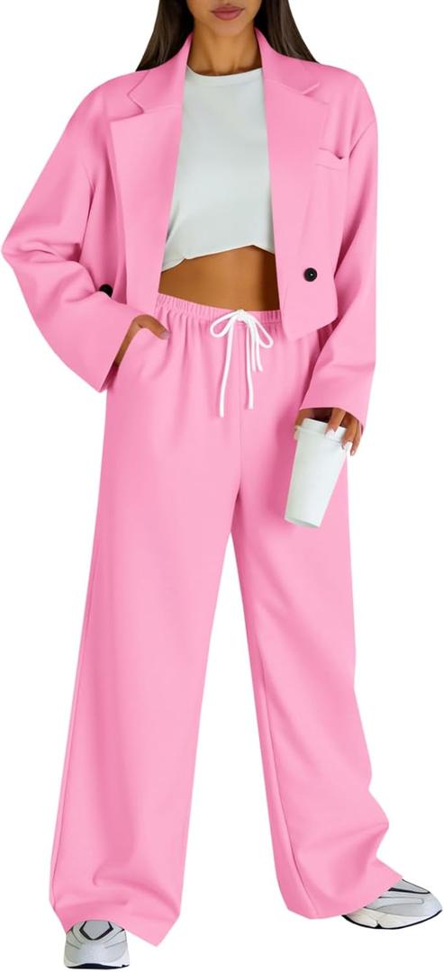 Fisoew Women's 2 Piece Outfits Casual Crop Blazer Jackets Loose Wide Leg Pants Fall Dressy Business Work Suit Sets (X-Large, Pink)