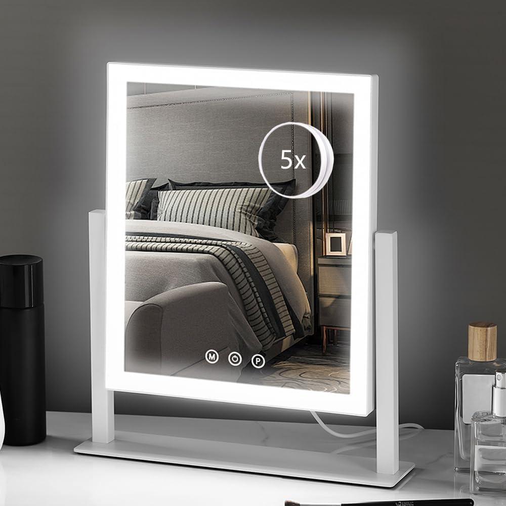 HIEEY Lighted Makeup Mirror, 14.1" x 12.1" Hollywood Vanity Mirror with Lights, Three Color Lighting Modes, and 5X Magnification Mirror, Smart Touch Control, 360Rotation (White,Gift Box)