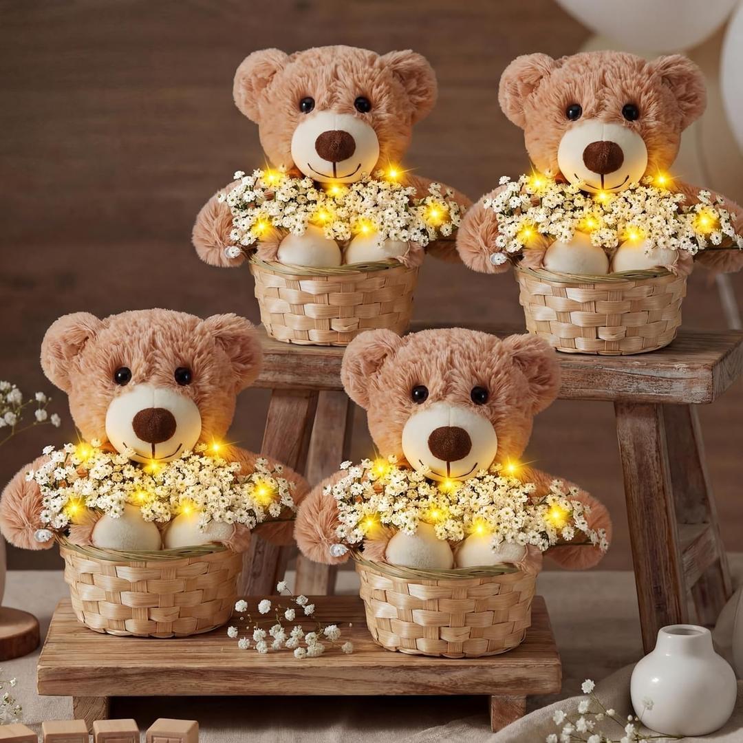 Amyhill 4 Sets Bear Baby Shower Centerpieces Baby Shower Table Decorations with Bears Wooden Crates Bamboo Baskets Artificial Flowers for Birthday Wedding Gender Reveal Party(Cute)