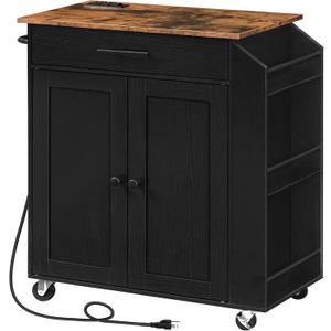 HOOBRO Kitchen Island with Power Outlet, Storage Island with Spice Rack and Drawer, Rolling Kitchen Cart on Wheels, for Home, Dining Room, Rustic Brown and Black